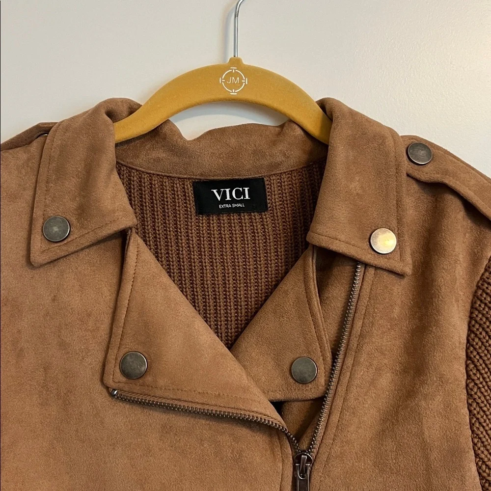 VICI Camel Fall Neutral Moto Jacket Ribbed Knit Sleeve Detail Extra Small